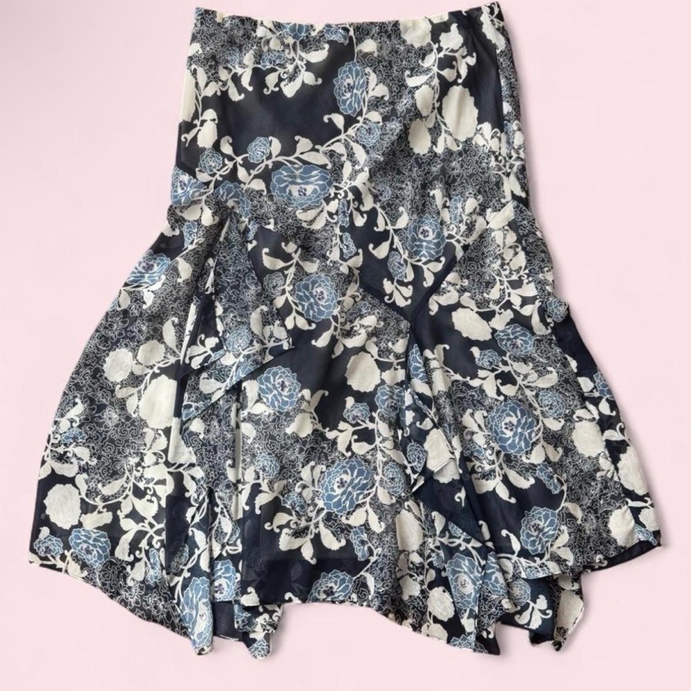 Floral A-Line Tiered Skirt - Navy & White